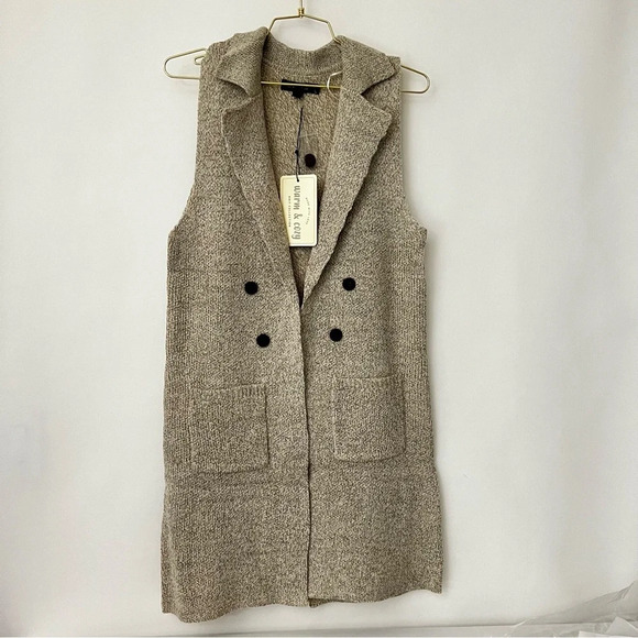 Long Sweater Vest Heather Oatmeal/Beige Open Front With Pockets Sleeveless Soft - Picture 1 of 9